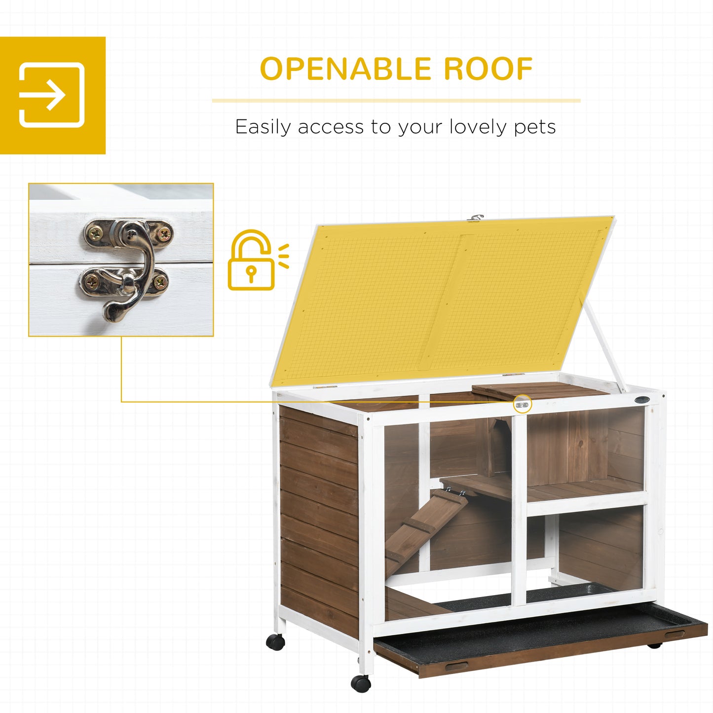 PawHut Wooden Rabbit Hutch, Bunny Cage w/ Tray, Ramp, Openable Roof, Wheels, 91.5 x 53.3 x 73cm - Brown