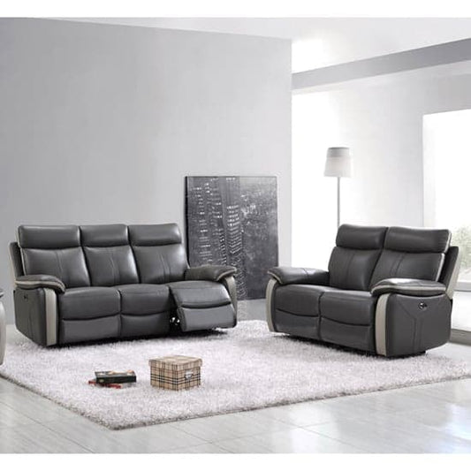 Electric Reclining Leather Sofa Set - 3+2 Dual Tone Dark Grey & Light Grey