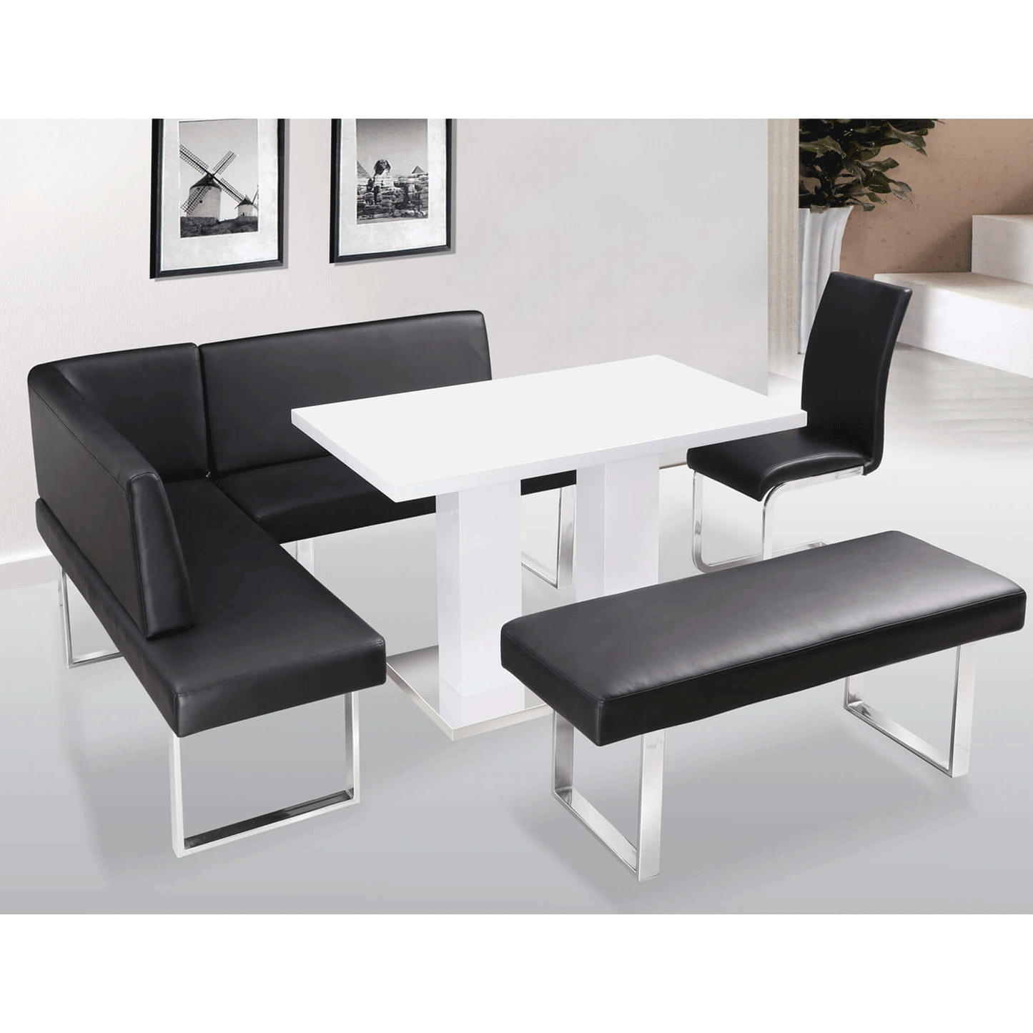 Modern Dining Comfort Guildford Leather Effect and Chrome Corner Dining Bench - Black