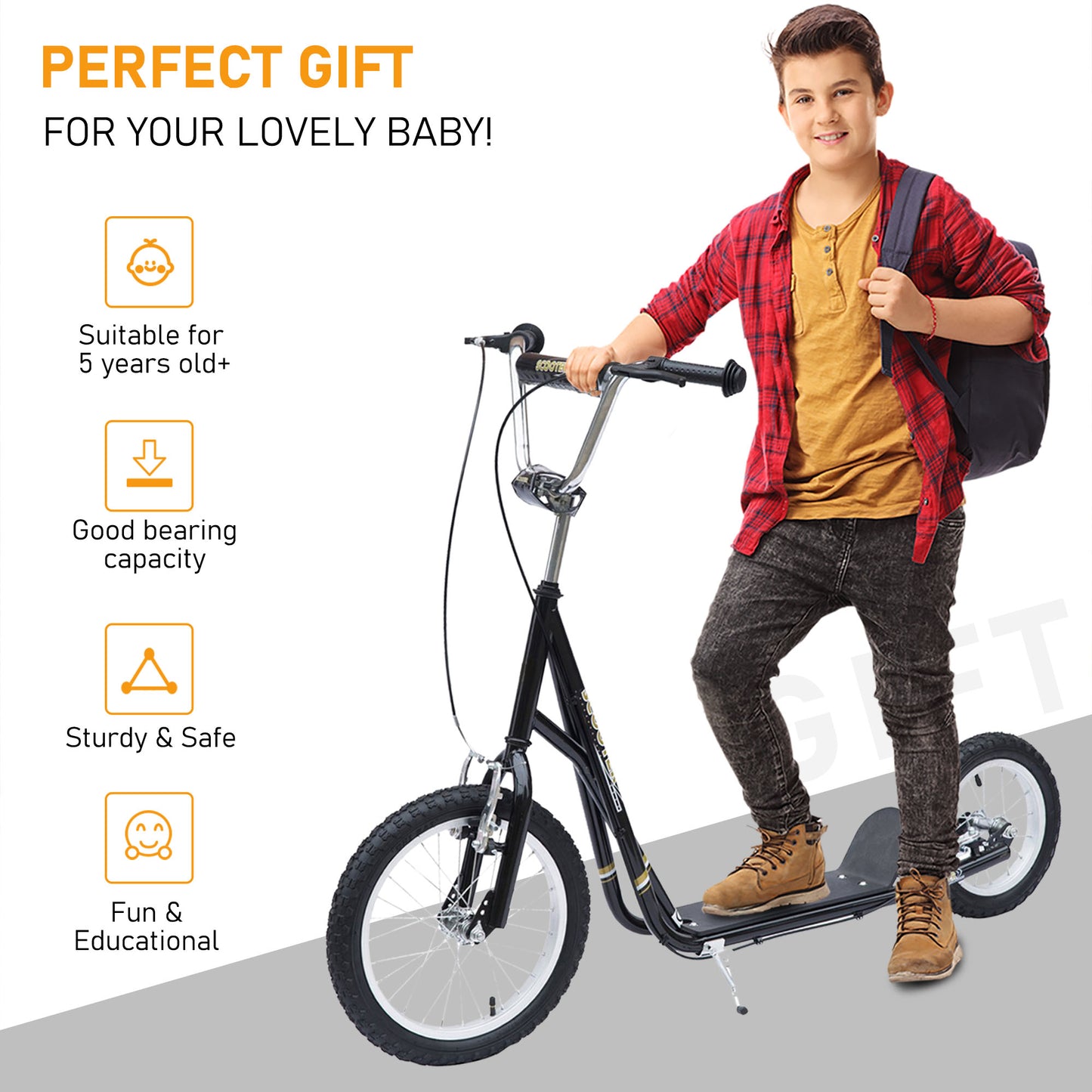 HOMCOM dult Teen Push Scooter Kids Children Stunt Scooter Bike Bicycle Ride On Alloy Wheel Pneumatic Tyres (Black)