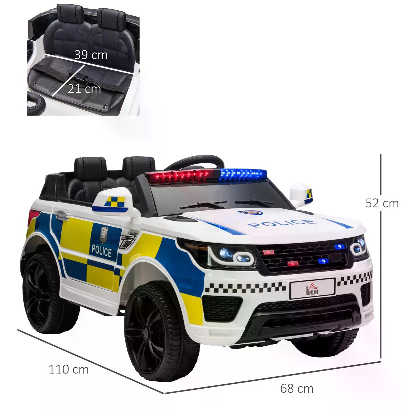 HOMCOM 2V Kids Electric Ride On Police Car 2 Motors with Parental Remote Control Siren Flashing Lights USB Portable for 3-6 Years White