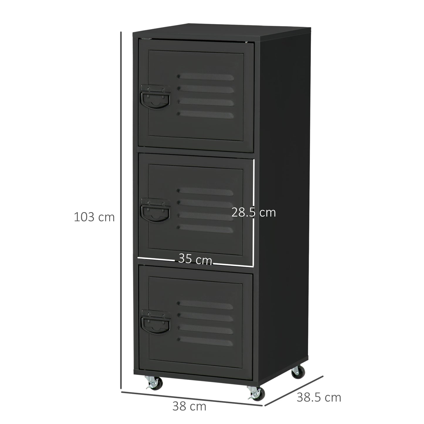 HOMCOM olling Storage Cabinet 3-Tier Mobile File Cabinet with Wheels & Metal Doors for Home Office, Living Room, Black