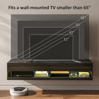 HOMCOM loating TV Unit, Wall Mounted TV Cabinet for TVs up to 65", High Gloss Media Wall Unit with LED Lights, Storage Shelves for Living Entertainment Room, Black