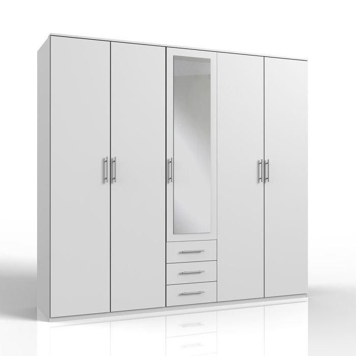 Banha 5 Door 3 Drawer Mirrored Wardrobe in White | Classic Storage Solution | Furco