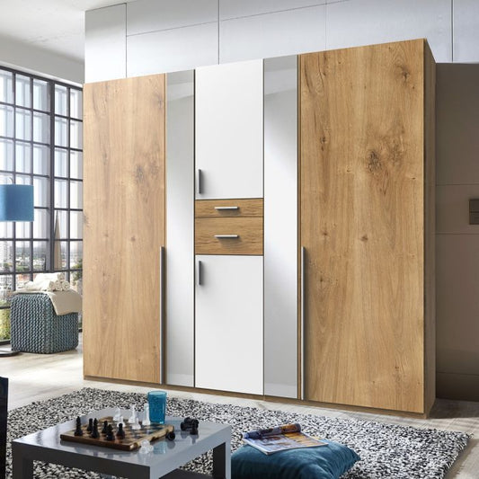 Odense 5-Door White Wardrobe with Mirrored Door & Planked Oak Finish - Spacious Storage Solution