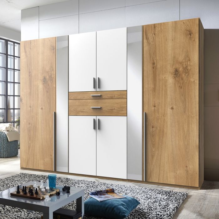 Odense 6 Door Mirrored Wardrobe | White & Planked Oak | Spacious & Stylish