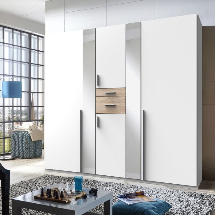 Odense 5 Door White & Oak Wardrobe with Mirror and Shelves