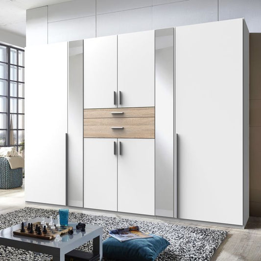 6 Door Mirrored Wardrobe in White & Oak | Spacious Storage with Hanging Rails and Shelves