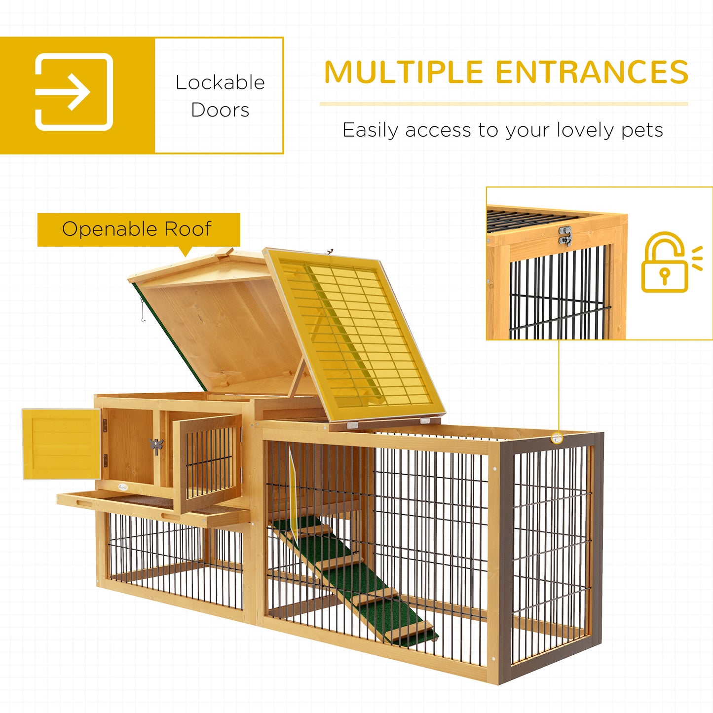 PawHut Wooden Rabbit Hutch with Outdoor Run Yellow