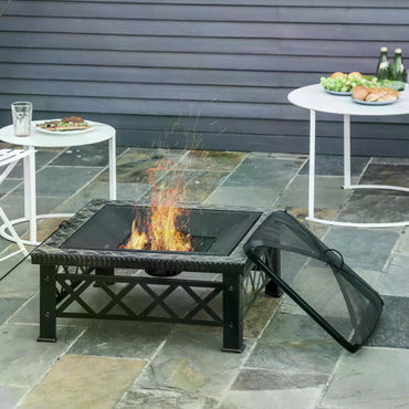 Outsunny Large Outdoor Fire Pit Table, 3 in 1 Square Wood Burning Firepit Metal Brazier, BBQ Grill, Ice Bucket w/ Grill Grate, Log Grate, Lid, Poker for Garden, Camping, Bonfire, 76 x 76 x 47cm, Black