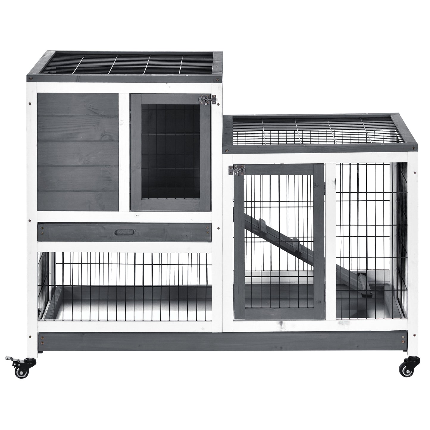 PawHut Wooden Indoor Rabbit Hutch Guinea Pig House Bunny Small Animal Cage W/ Wheels Enclosed Run 110 x 50 x 88 cm, Grey