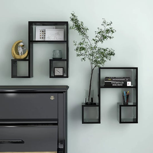 Black Wooden Music Note Wall Shelves - Set of 2, Stylish Storage for Home Decor