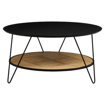 Industrial Black Metal Coffee Table with Hairpin Legs and Rattan Shelf