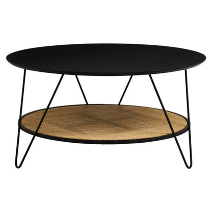 Industrial Black Metal Coffee Table with Hairpin Legs and Rattan Shelf