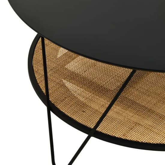 Industrial Black Metal Coffee Table with Hairpin Legs and Rattan Shelf