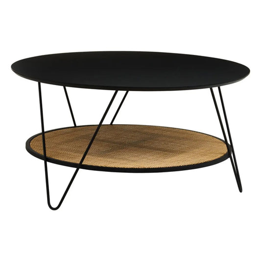 Industrial Black Metal Coffee Table with Hairpin Legs and Rattan Shelf