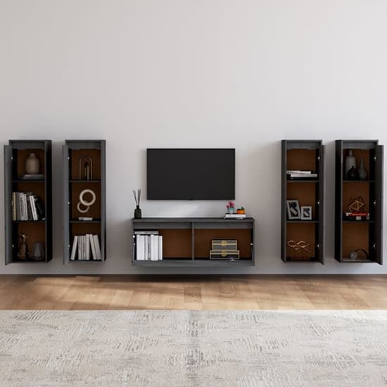 Grey Solid Pinewood TV Unit with Storage Cabinets