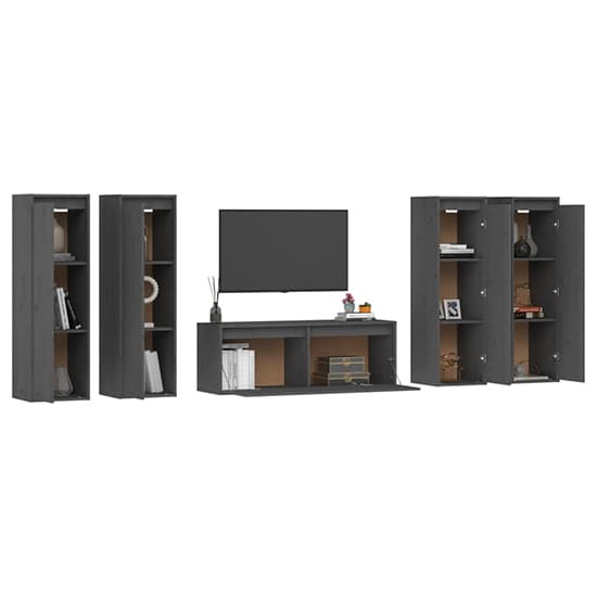 Grey Solid Pinewood TV Unit with Storage Cabinets