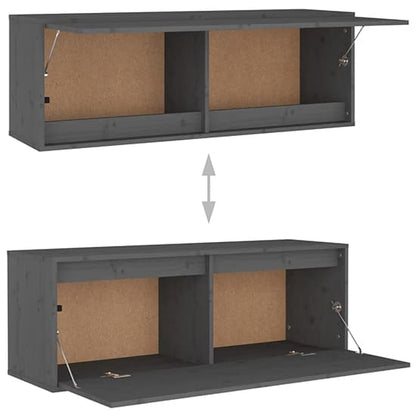 Grey Solid Pinewood TV Unit with Storage Cabinets