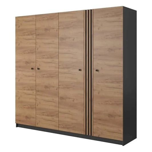 Davis Wooden Wardrobe With Hinged 4 Doors In Golden Oak And LED