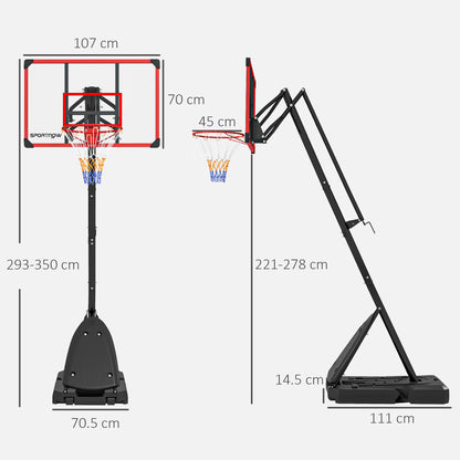 SPORTNOW 2.4-2.9m Adjustable Basketball Hoop and Stand with Weighted Base, Portable on Wheels, Red