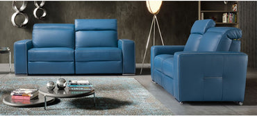 Blue Semi-Aniline Leather Electric Recliner Sofa Set with Adjustable Headrests and Chrome Legs - 3+2 Seater, Available in Various Colors and Leathers, 10-Year Frame and Pocket Sprung Warranty