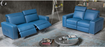 Blue Semi-Aniline Leather Electric Recliner Sofa Set with Adjustable Headrests and Chrome Legs - 3+2 Seater, Available in Various Colors and Leathers, 10-Year Frame and Pocket Sprung Warranty