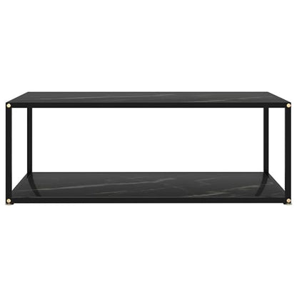 Medium Black Marble Effect Glass Coffee Table with Metal Frame and Lower Shelf