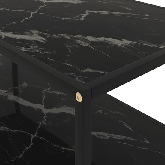 Medium Black Marble Effect Glass Coffee Table with Metal Frame and Lower Shelf