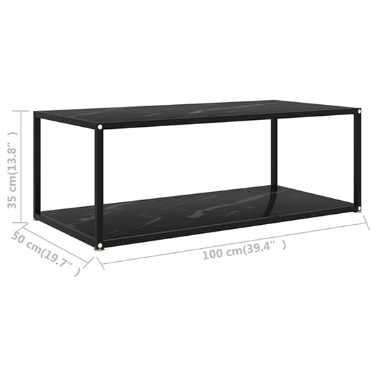 Medium Black Marble Effect Glass Coffee Table with Metal Frame and Lower Shelf