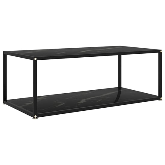 Medium Black Marble Effect Glass Coffee Table with Metal Frame and Lower Shelf