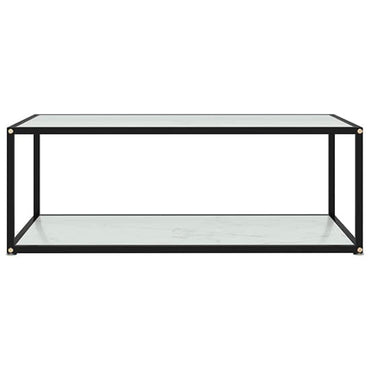 Medium White Marble Effect Glass Coffee Table with Black Metal Frame