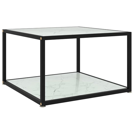 Contemporary Square Glass Coffee Table with White Marble Finish and Black Metal Frame