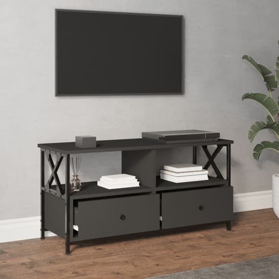 FURCO Derval Black Wooden TV Stand with 2 Drawers for Modern Living Rooms