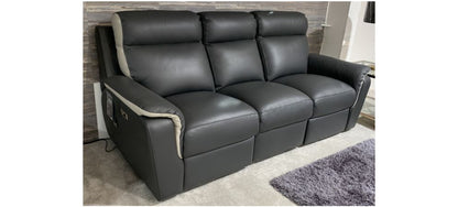 Grey Two-Tone Semi-Aniline Leather Electric Recliner Sofa Set with USB Ports - 3 + 2 Design