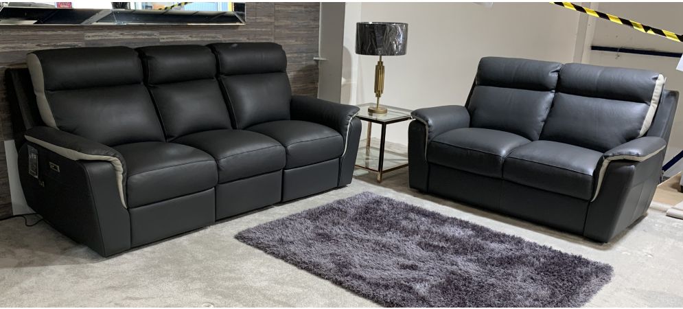 Grey Two-Tone Semi-Aniline Leather Electric Recliner Sofa Set with USB Ports - 3 + 2 Design