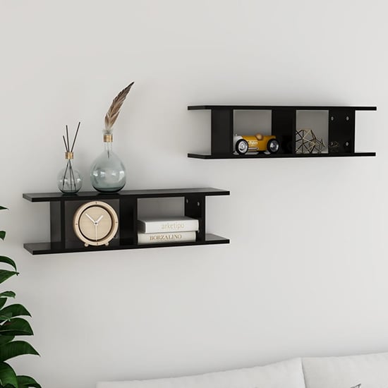 FURCO Black Wooden Wall Shelf Set of 2 - Modern Cube Design for Home Decor