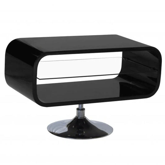 Dorset High Gloss TV Unit with Clear Central Shelve Stainless Steel Pedestal Base Stand - Black