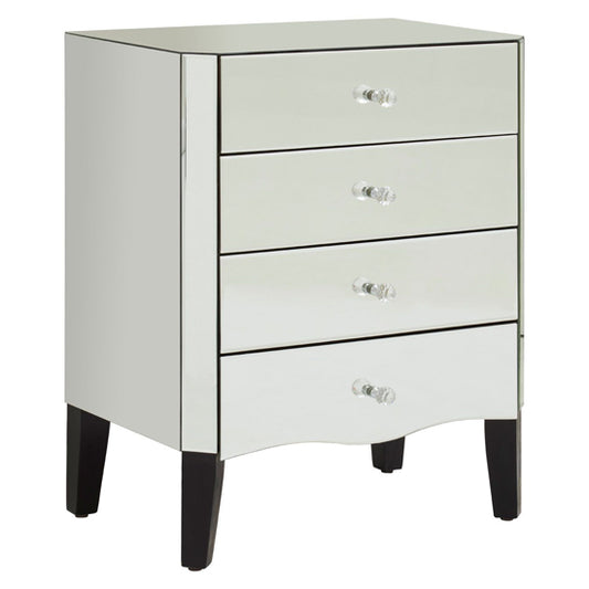 Silver Mirrored 4-Drawer Chest with Crystal Knob Pulls and Black Pine Legs