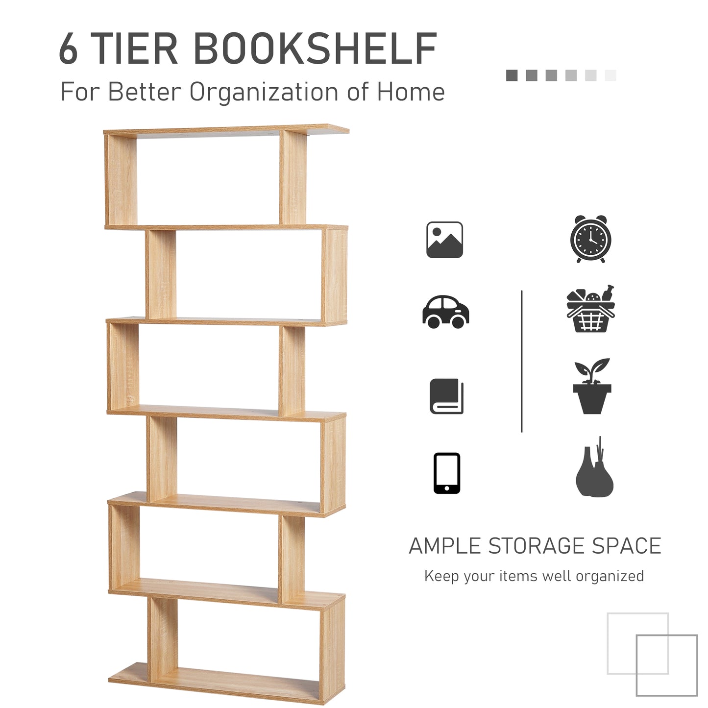 HOMCOM ooden Wood S Shape Storage Display 6 Shelves Room Divider Unit Chest Bookshelf Bookcase Cupboard Cabinet Home Office Furniture (Oak)