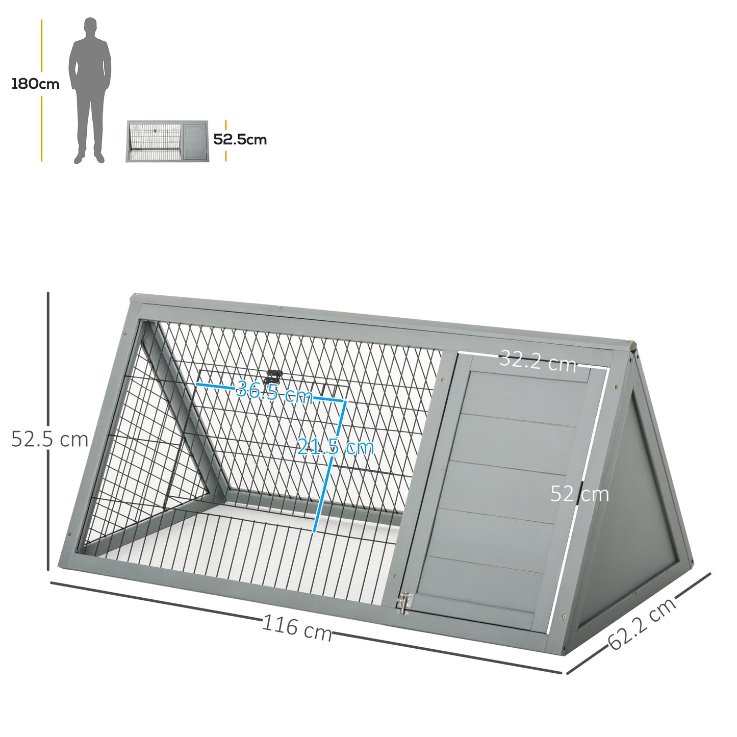 PawHut Wooden Rabbit Hutch Triangle Bunny Ferret Cage Guinea Pig Run Small Animal Hutch Grey 116 x 62.2 x 52.5 cm