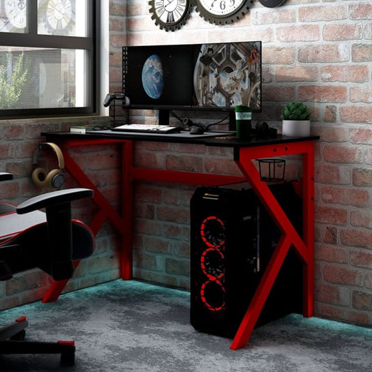 FURCO Dothan Black and Red Gaming Desk with K-Shape Legs and Accessories