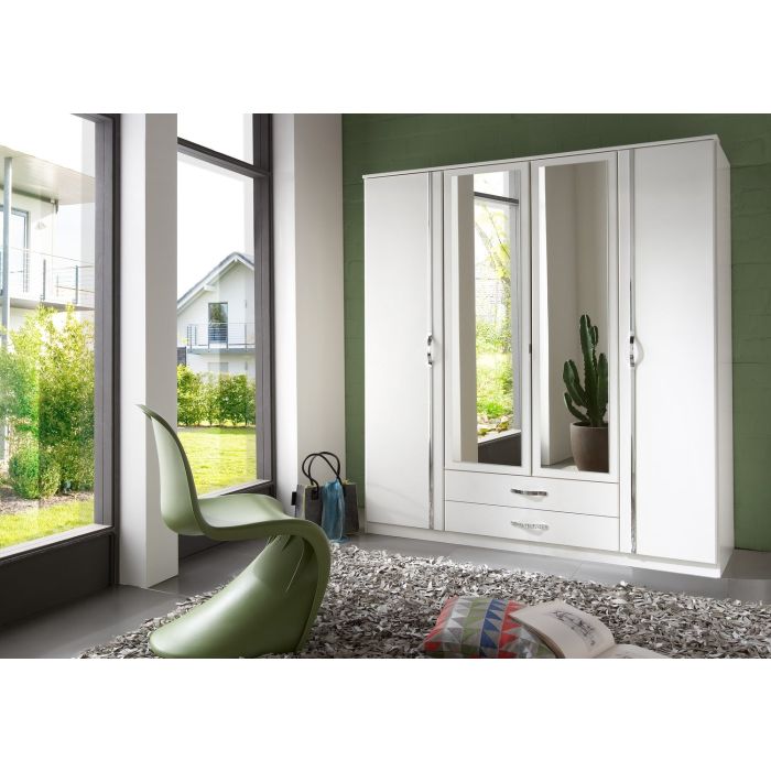 Dewi White 4 Door 2 Drawer Mirrored Wardrobe | Contemporary Storage