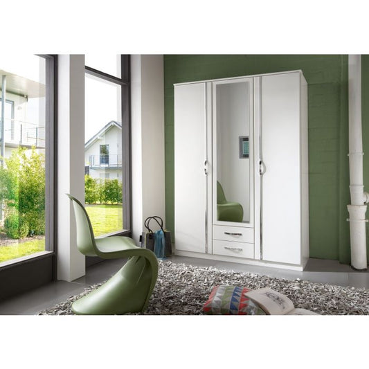 Dewi Mirrored White Wardrobe with 3 Doors and 2 Drawers | Modern Storage Solution