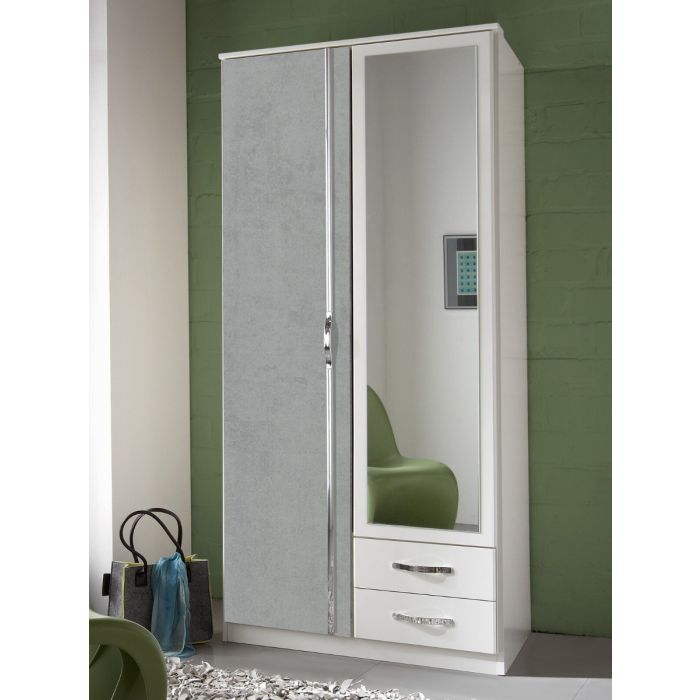 Dewi Mirrored 2-Door Wardrobe with 2 Drawers | Grey and White Contemporary Storage Solution | Furco