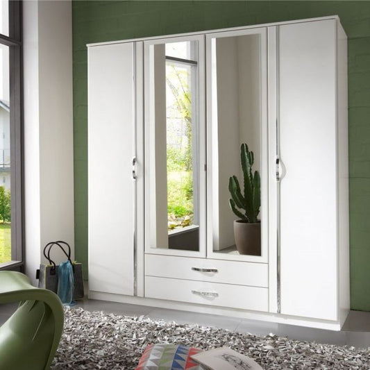 Modern 4 Door Mirrored Wardrobe with 2 Drawers and Shelving - Dewi White Finish