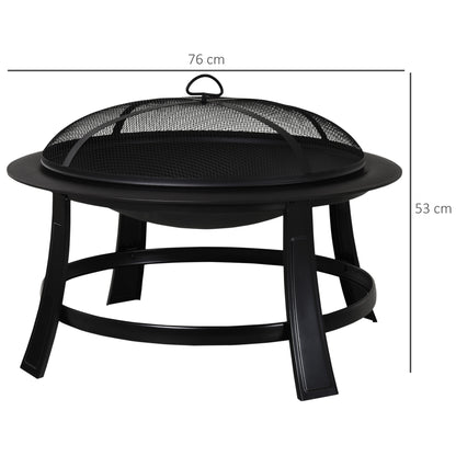 Outsunny Metal Large Firepit Bowl Outdoor Round Fire Pit w/ Lid, Log Grate, Poker for Backyard, Camping, BBQ, Bonfire, Wood Burning Stove, 76 x 76 x 53cm, Black