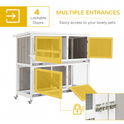 PawHut Rabbit Hutch Outdoor Guinea Pig Hutch Wooden Bunny House with Rain Cover Wheels for Indoor Outdoor, 122 x50 x100cm - Grey