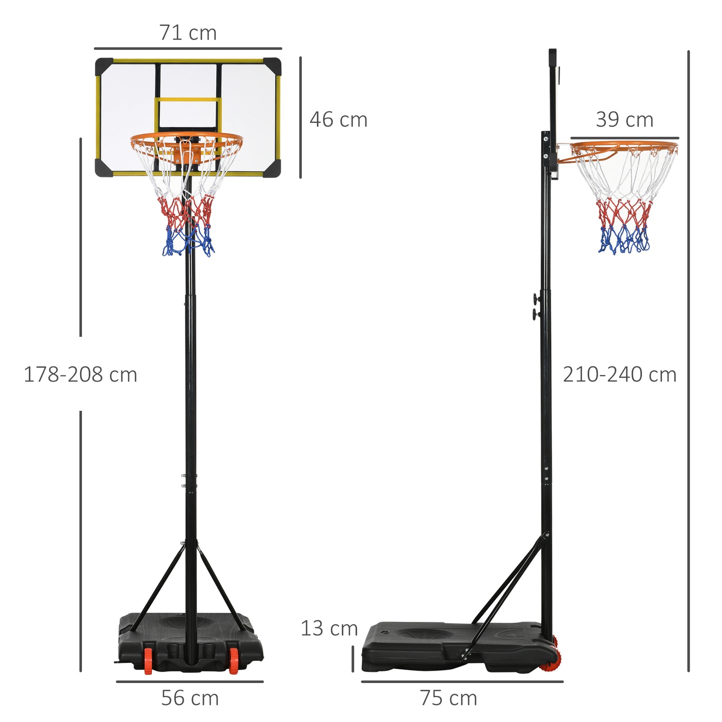 SPORTNOW Height Adjustable Basketball Hoop and Stand with Firm Backboard and Weighted Base, Portable on Wheels, Yellow