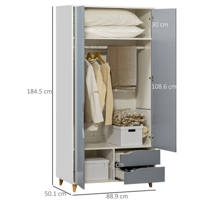 HOMCOM ardrobe with 2 Doors, 2 Drawers, Hanging Rail, Shelves for Bedroom Clothes Storage Organiser, 89x50x185cm, Grey